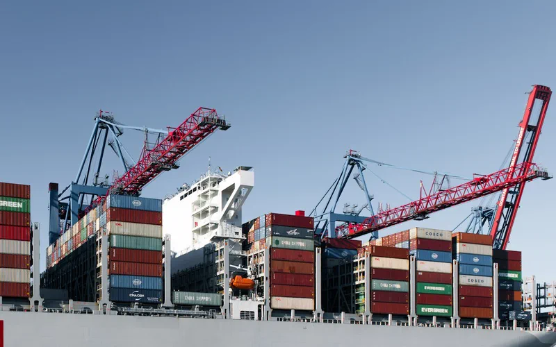 Containers stacked on a container ship in port