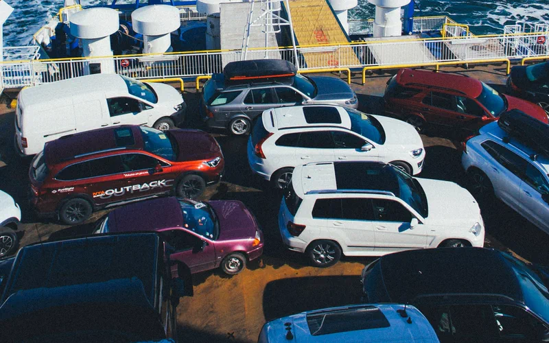 Vehicles parked on the deck of a cargo ship